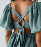 Robe Babydoll Casual Col Carré Dos Nu avec Lacets Manches Bouffantes Poches Latérales et Effet Lin