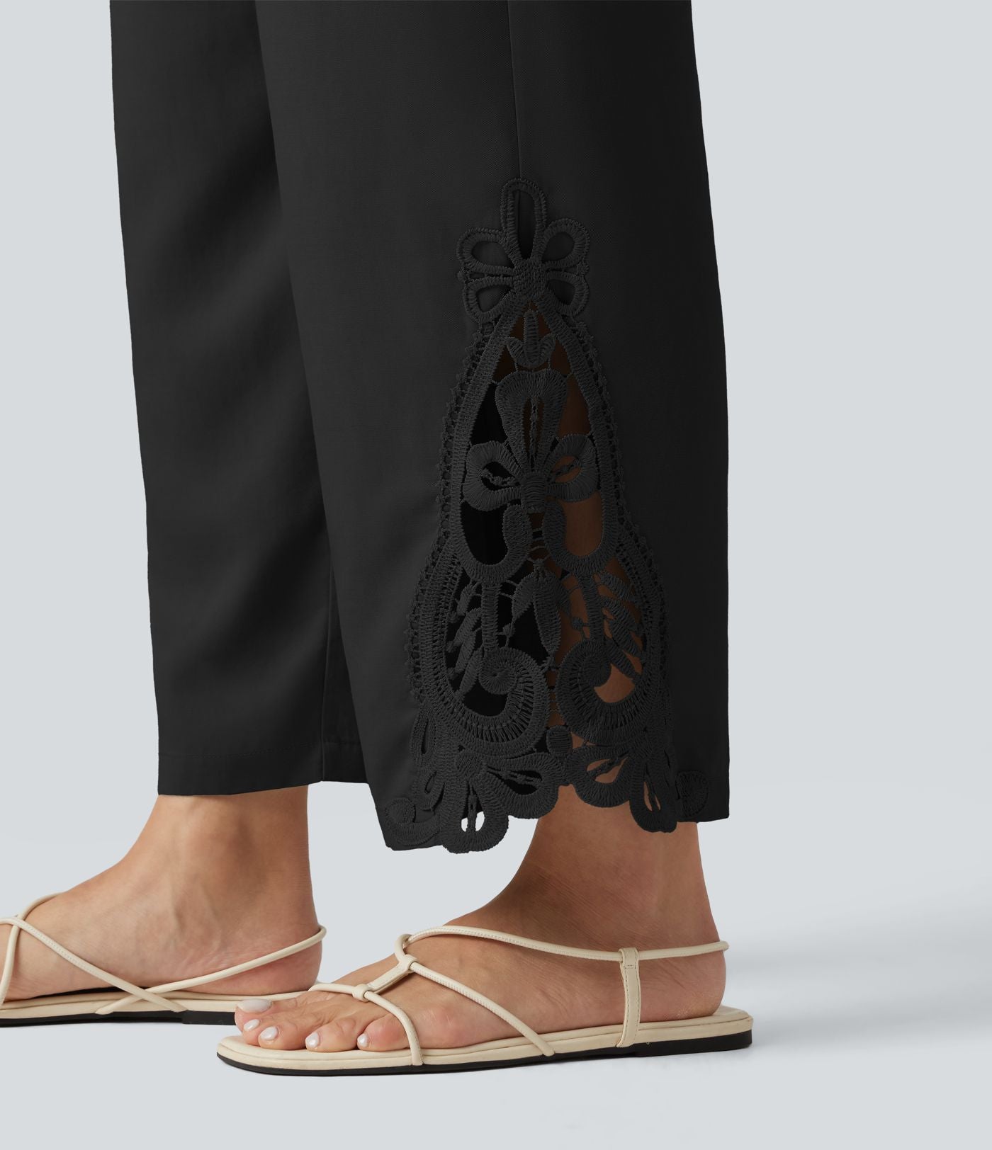 Pantalon large fluide décontracté taille haute à cordon de serrage en lyocell mélangé lin avec poches