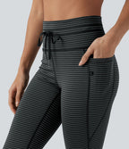 Legging 3/4 de yoga taille haute à rayures avec cordon de serrage et poches