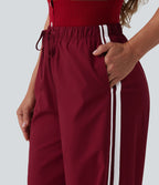Pantalon large décontracté rayé taille haute avec cordon de serrage avec poches