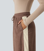 Pantalon jogging décontracté droit colorblock en velours côtelé, taille haute, avec cordon et poches