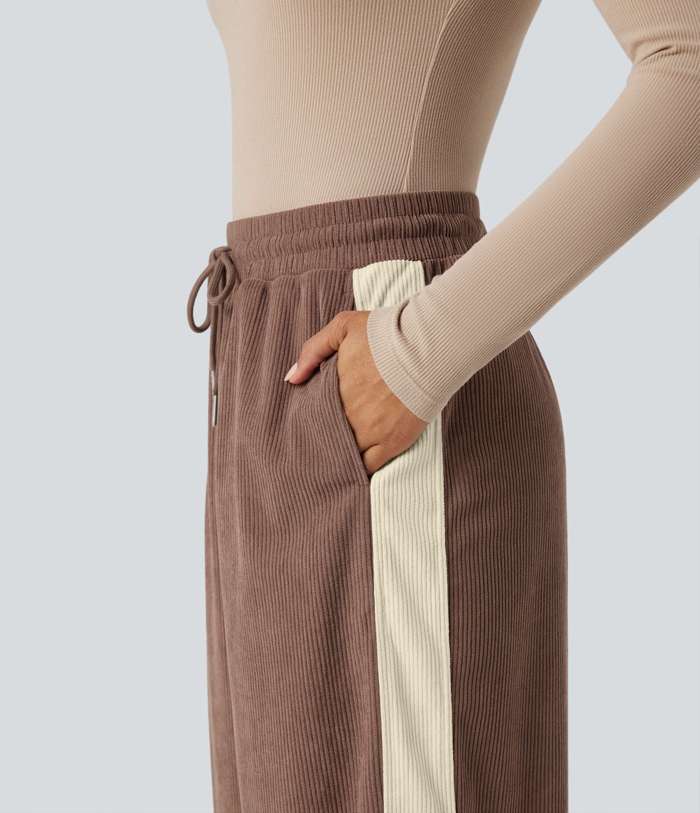 Pantalon jogging décontracté droit colorblock en velours côtelé, taille haute, avec cordon et poches