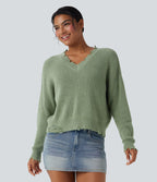 Pull casual col V délavé manches longues