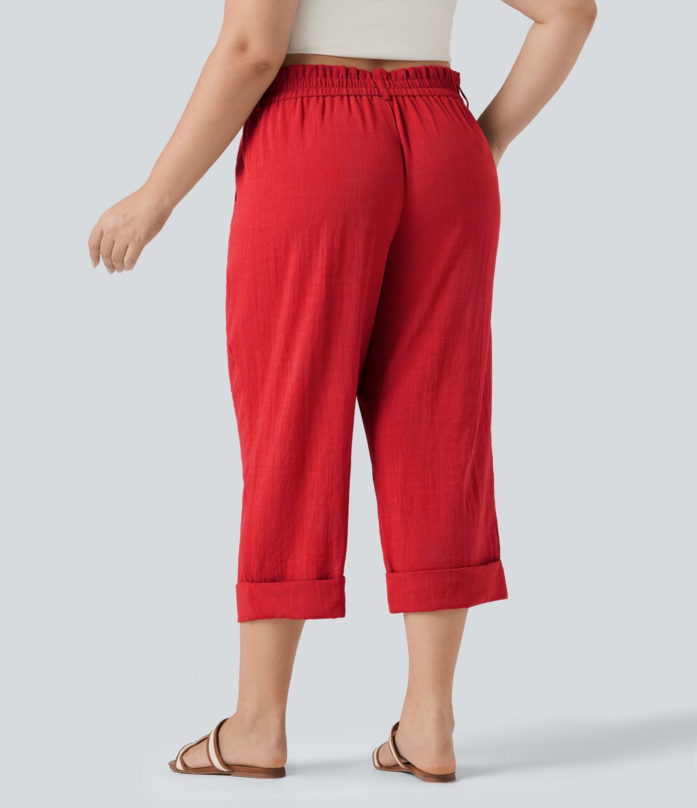 Pantalon de villégiature capri effet lin, grande taille, taille haute, avec poches
