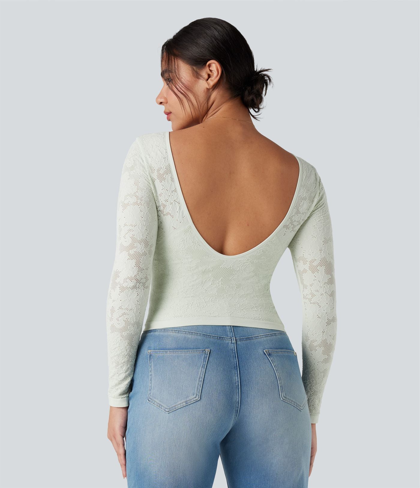 Haut de sport col U dos nu jacquard à manches longues sans couture OneForm Seamless Flow