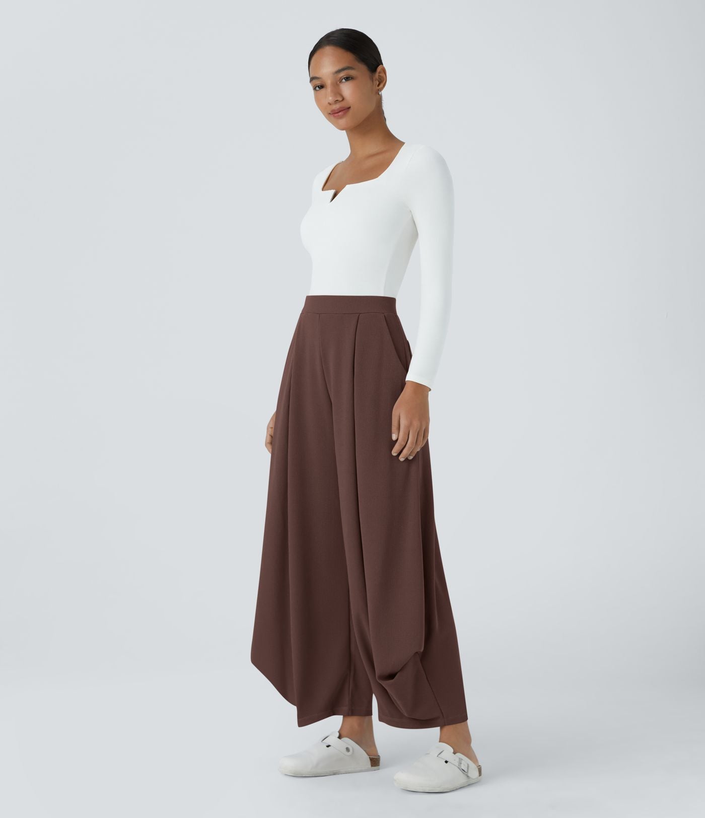Pantalon décontracté harem uni côtelé, taille haute, avec poches