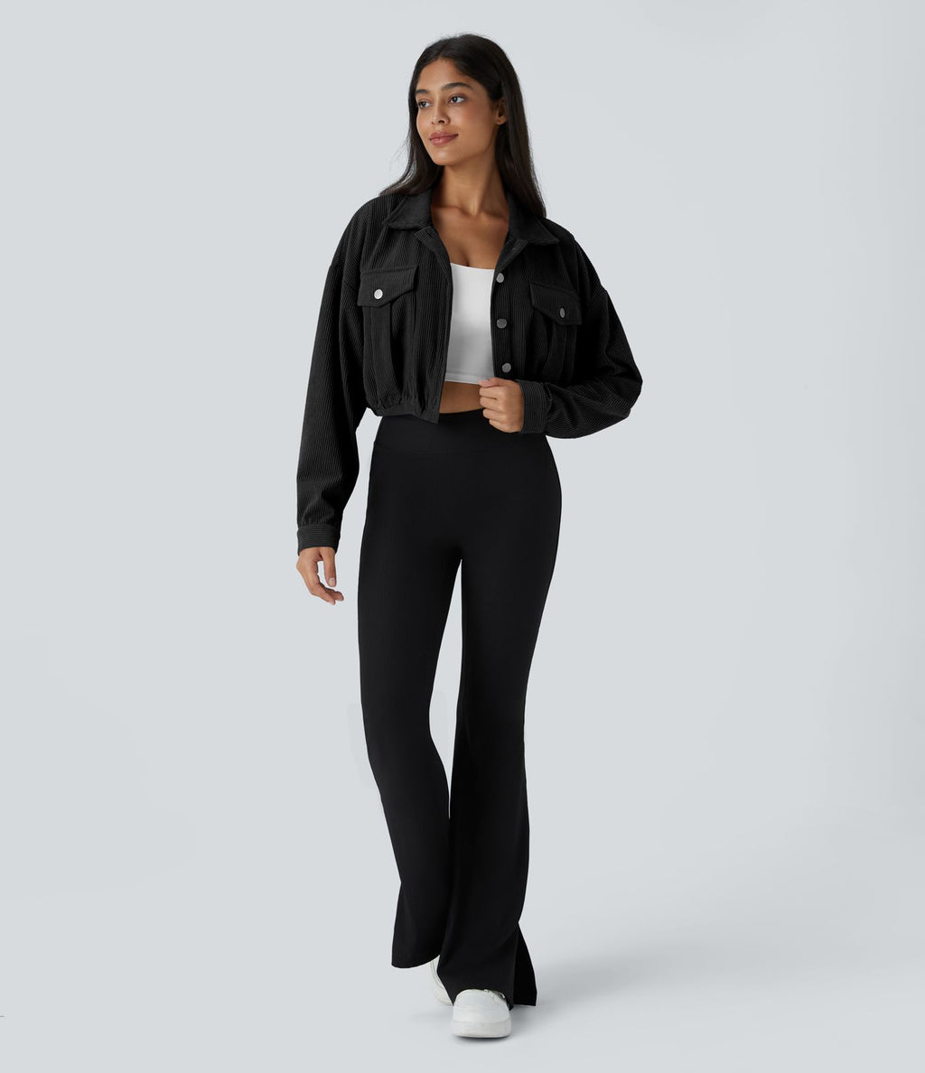 Veste Casual en Velours Côtelé à Boutons Poches Col Court