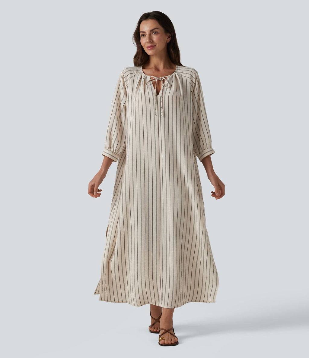 Robe midi casual à rayures aspect lin col V avec nœud, manches 3/4 fendues et poches