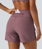 Short de yoga 2-en-1 à rayures, taille très haute, 12,5 cm, à poches