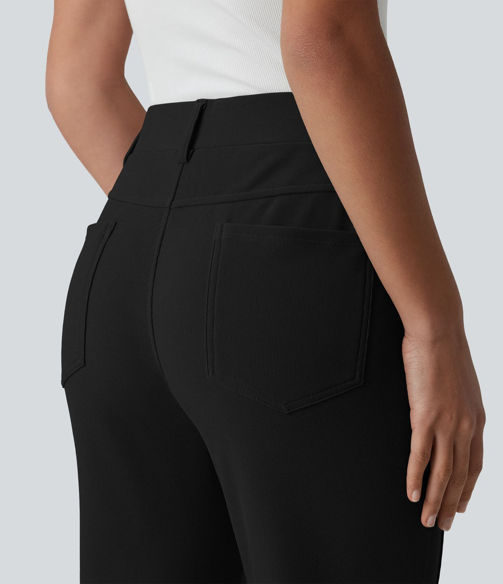 Pantalon décontracté bootcut taille haute en tissu micro-gaufré avec poches