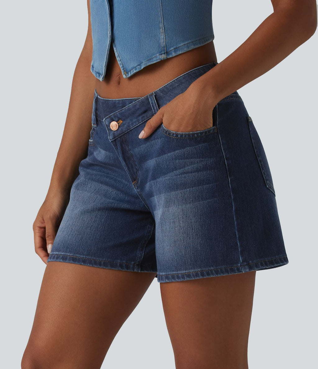 Short asymétrique en jean délavé Halara Flex™ taille basse à poches multiples