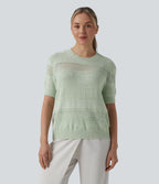 Pull tailleur col rond manches courtes crochet