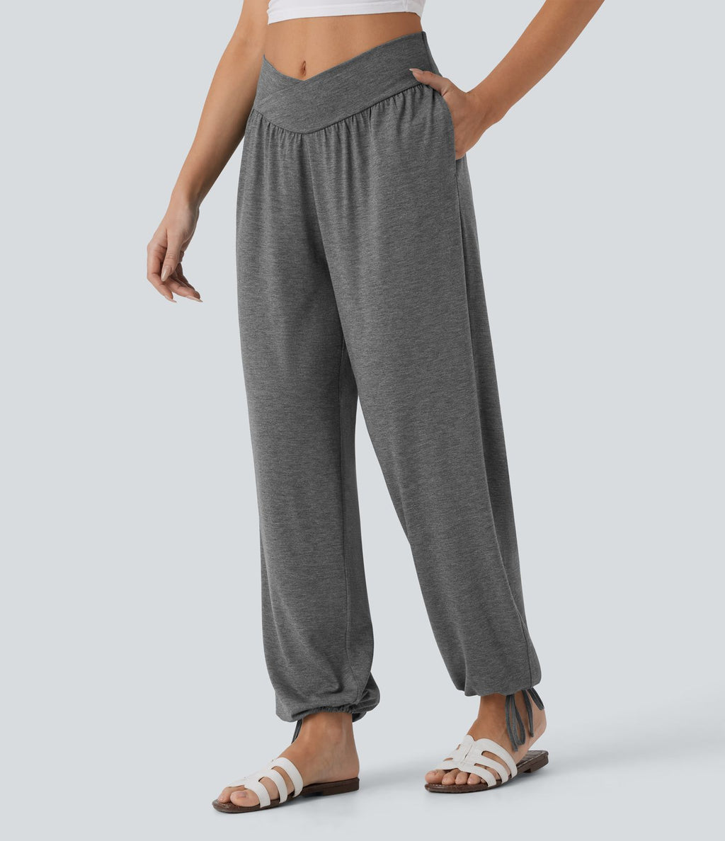 Pantalon de jogging décontracté à taille haute croisée avec poches latérales et cordon de serrage