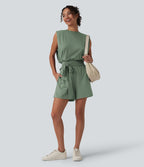 Combishort décontracté col rond sans manches effet frais InstantCool avec nœud frontal et poches, accès facile Easy Peasy, protection solaire UPF50+