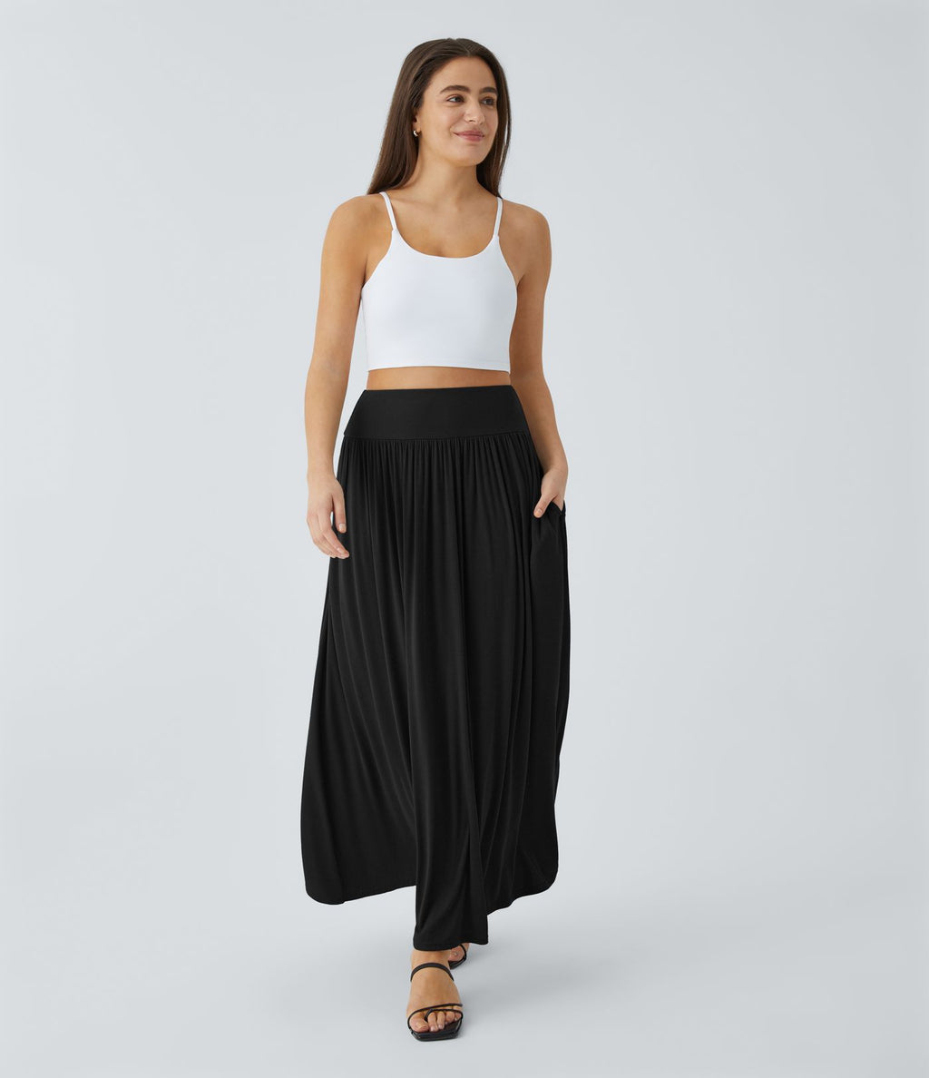 Jupe Maxi Casual Fluide à Taille Haute Côtelée avec Plis et Poches Latérales