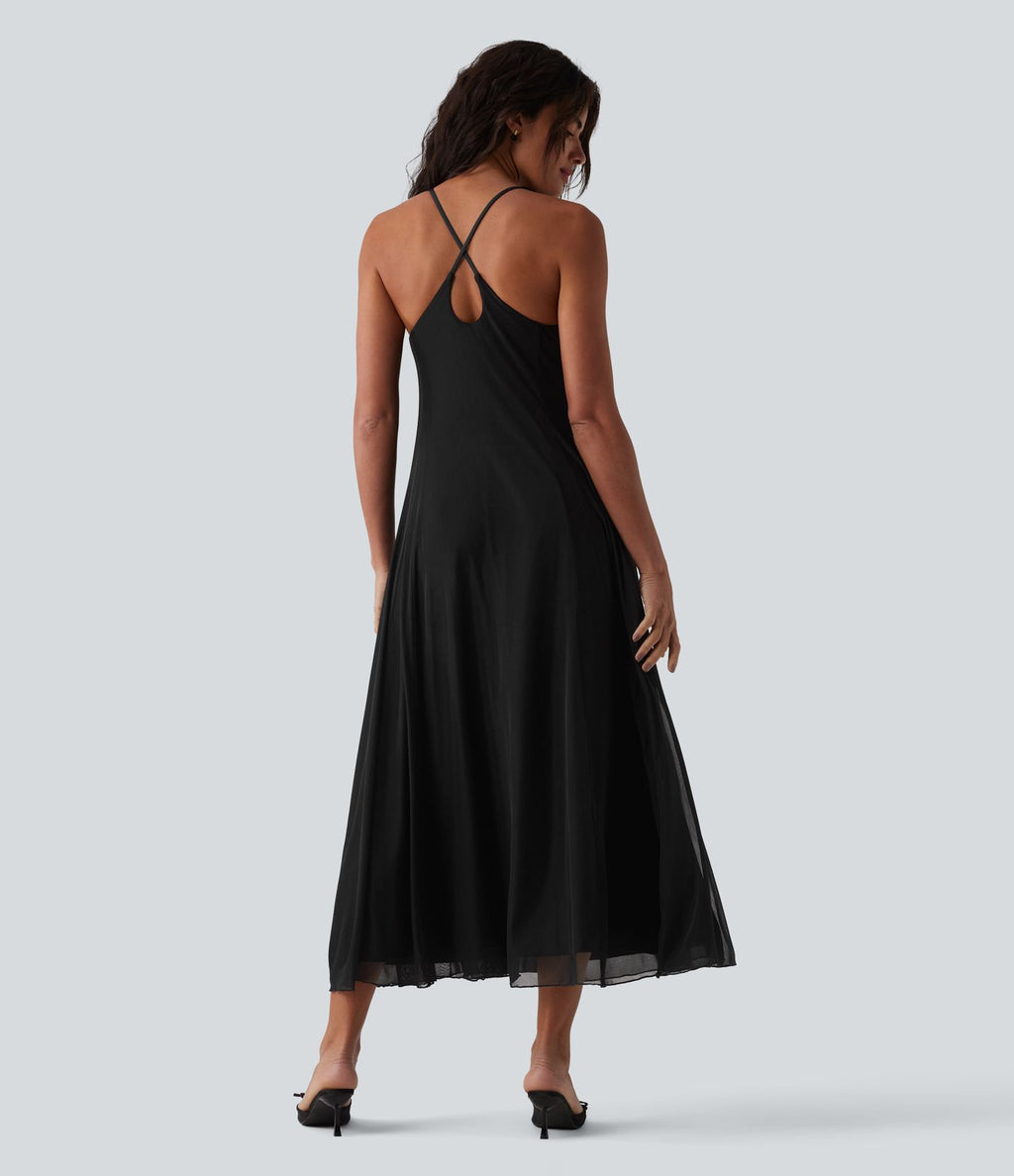 Robe longue fluide dos croisé avec superposition mesh pour demoiselle d'honneur et invitée mariage