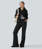 Pantalon jogging évasé molleton coton taille haute avec cordon de serrage, poches, empiècements contrastés et ourlet fend
