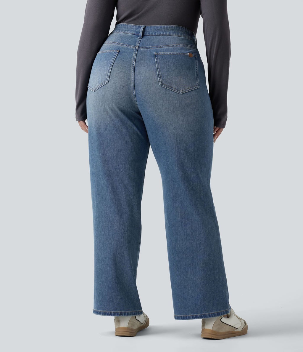 Jean bootcut décontracté Halara Flex™ délavé taille basse grande taille avec poches