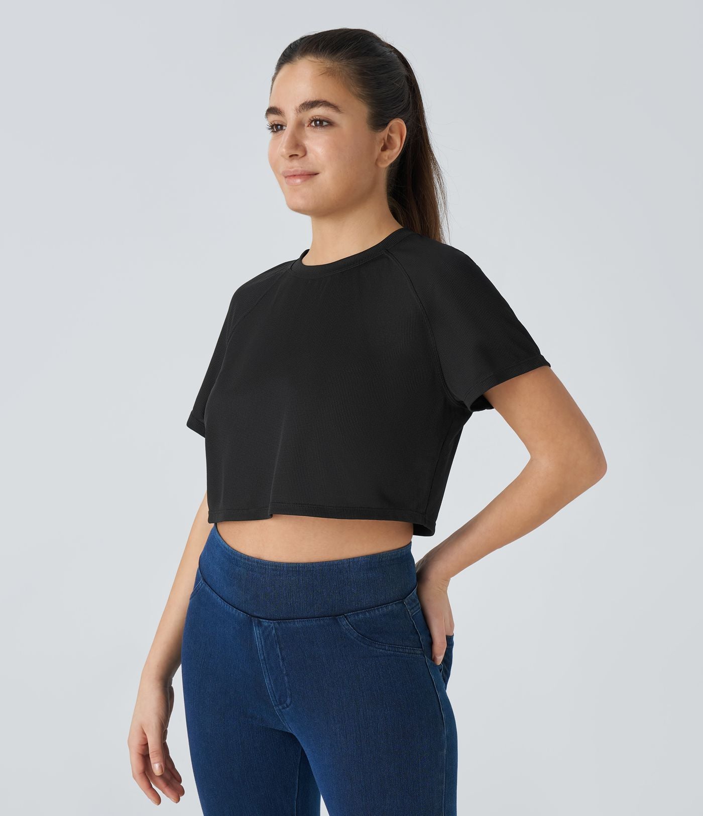T-shirt Casual Court Tissu Gaufré Uni à Manches Raglan