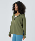 Sweatshirt Casual Waffle à Boutons Devant avec Trou Pouce et Fente