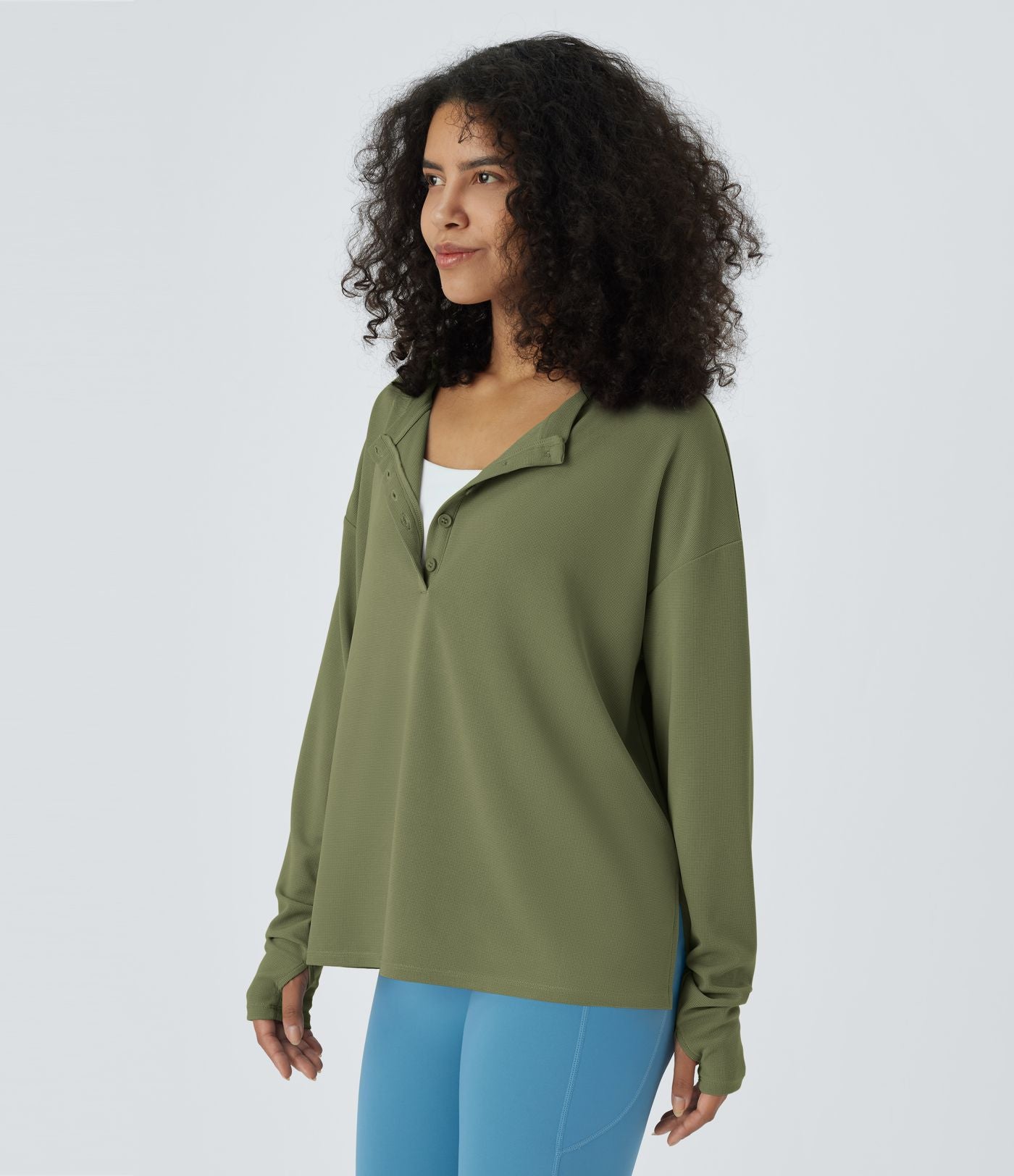 Sweatshirt Casual Waffle à Boutons Devant avec Trou Pouce et Fente