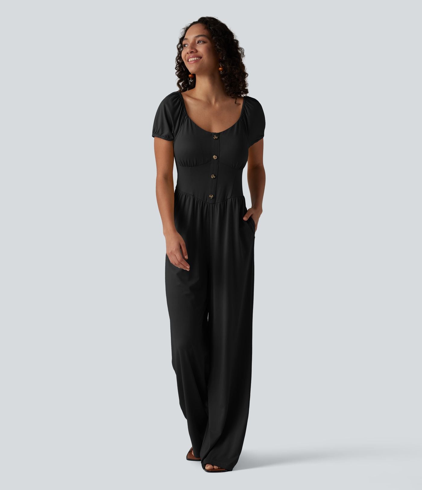 Combinaison-pantalon corset à manches courtes bouffantes et col en V, avec coussinets non amovibles et poches