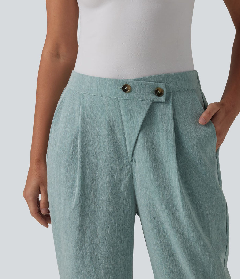 Pantalon tailleur aspect lin fuselé taille haute asymétrique avec poches
