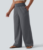 Pantalon large décontracté froncé taille haute aspect lin avec poches