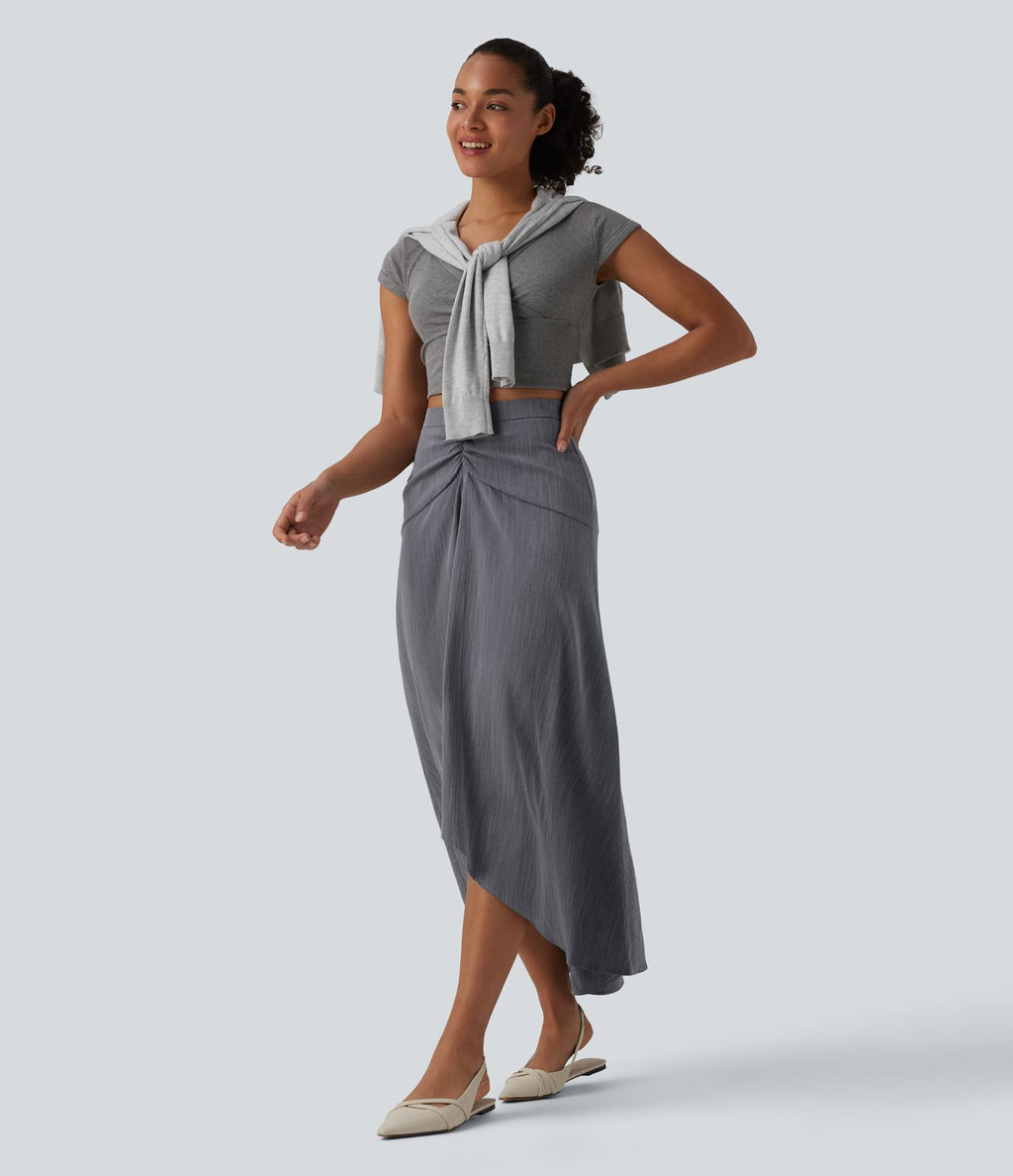 Jupe longue taille haute ourlet asymétrique aspect lin