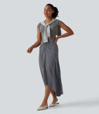 Jupe longue taille haute ourlet asymétrique aspect lin