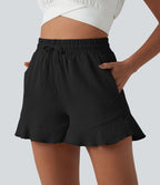 Short ample vacances taille haute cordon de serrage ourlet à volants aspect lin avec poches