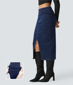 Halara Flex™ Jupe en Jean Midi Casual Tricot Extensible Taille Haute Poches Multiples