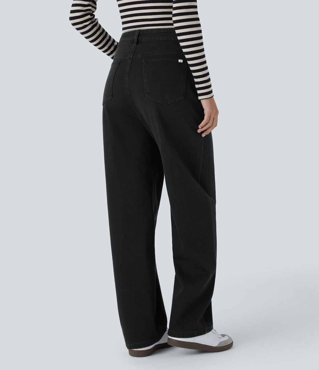 Jean ample délavé taille haute en maille extensible avec poches multiples