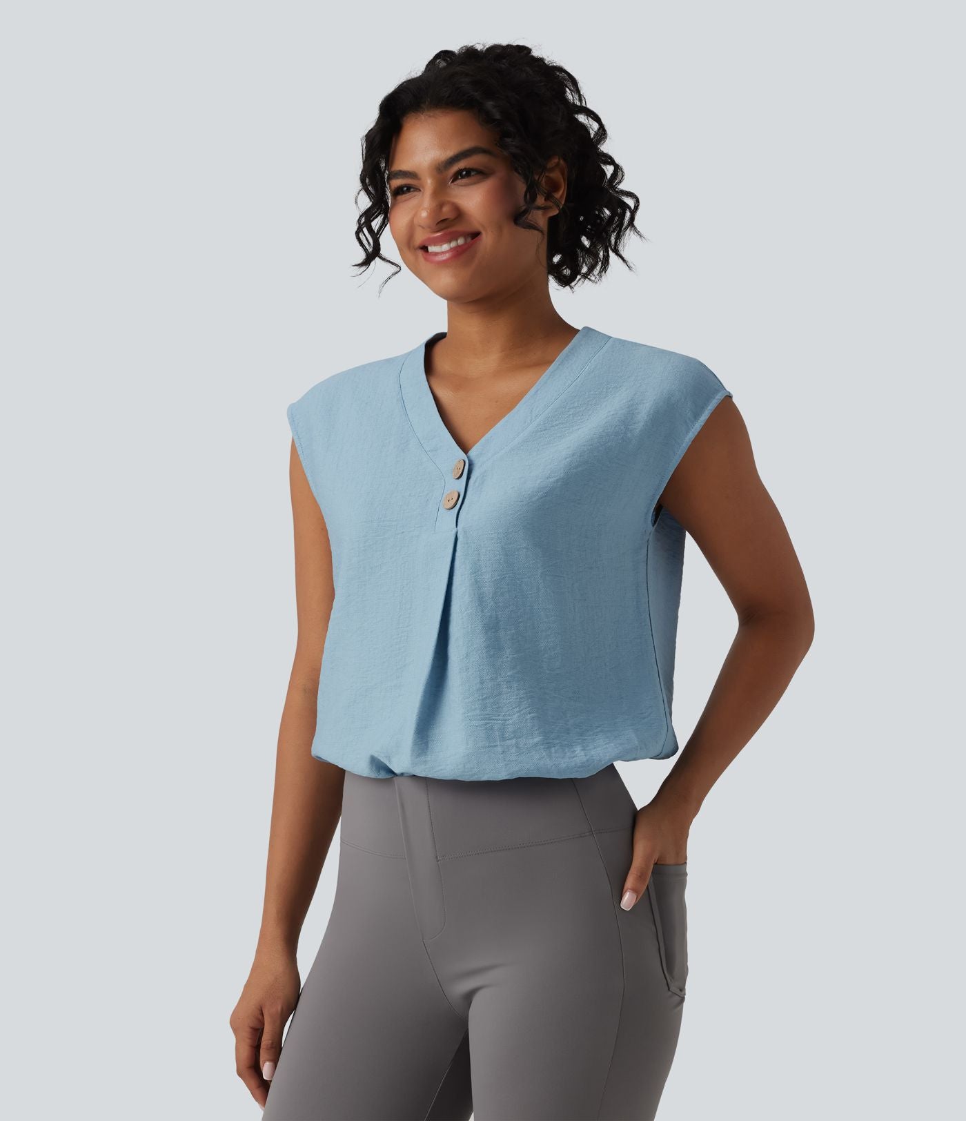 Blouse de Travail Col V Manches Courtes avec Boutons Décoratifs