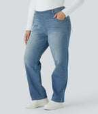 Jean décontracté Halara Flex™ grande taille, taille haute, multiples poches, jambes droites, effet délavé, en maille extensible