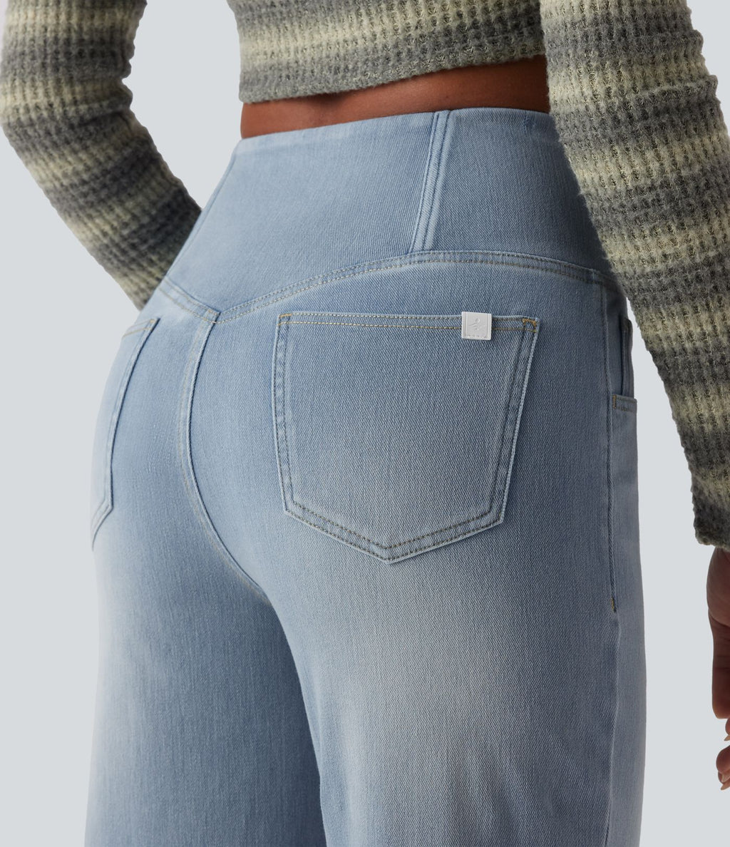 Jean droit décontracté croisé gainant taille haute avec poches Halara Flex™