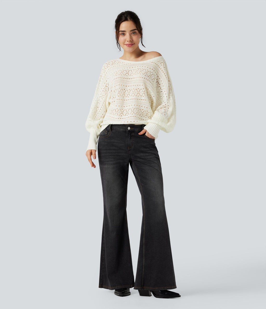 Pull ajouré col rond manches chauve-souris longues