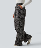 Pantalon léopard velours côtelé imprimé coupe droite mop taille haute avec poches