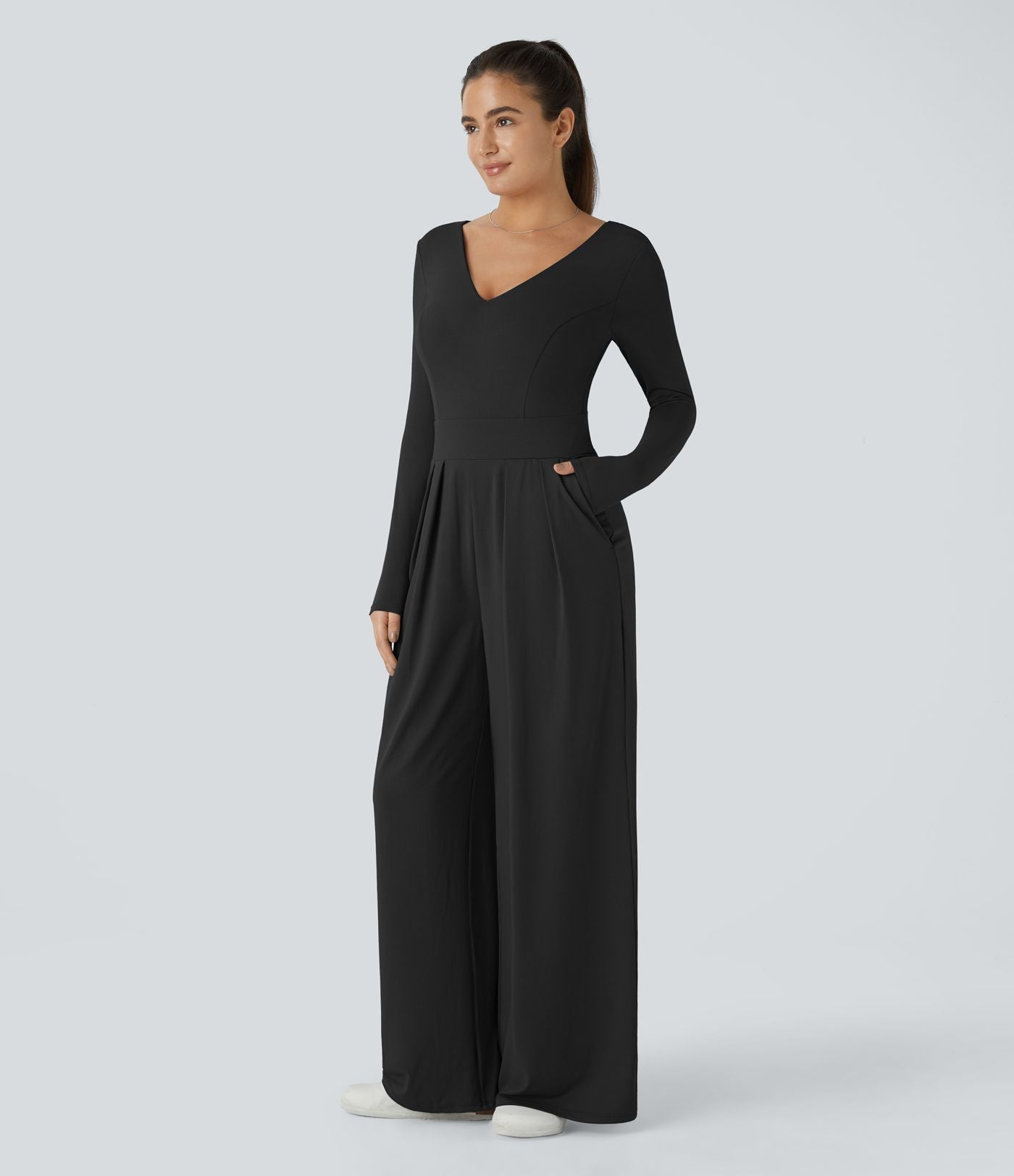 Combinaison Casual à Manches Longues Décolleté en V et Dos Nu Avec Poches Latérales Plissées et Jambes Larges