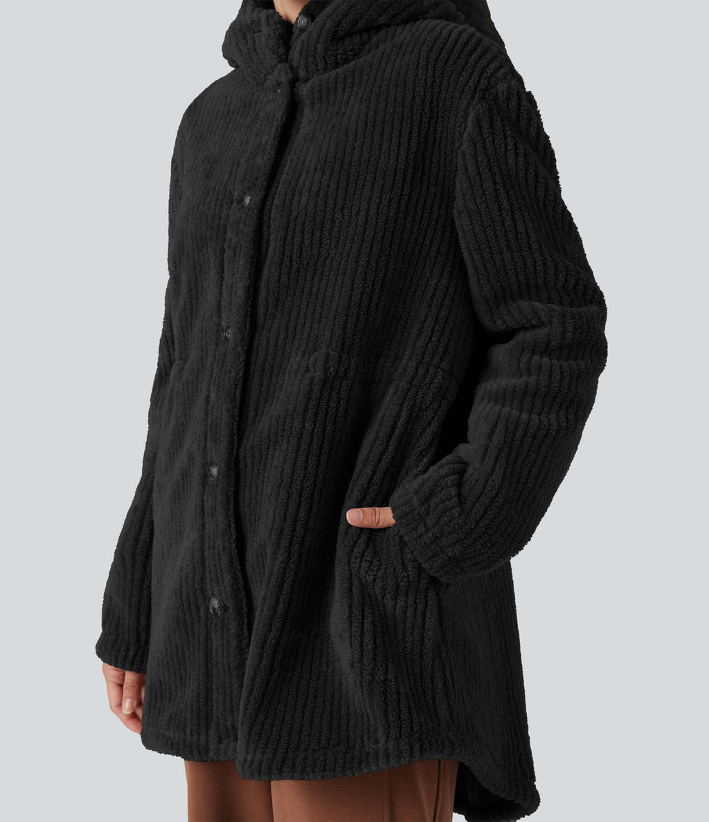 Veste sherpa décontractée à capuche cordon de serrage ourlet arrondi avec poches
