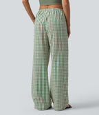 Pantalon large décontracté à carreaux taille mi-haute avec cordon de serrage et poches