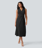 Robe mi-longue tailleur col V liens dans le dos sans manches