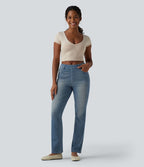 Halara Flex™ Jeans bootcut Casual Taille Haute Multiples Poches Lavés Élastiques et Tricotés Coupe