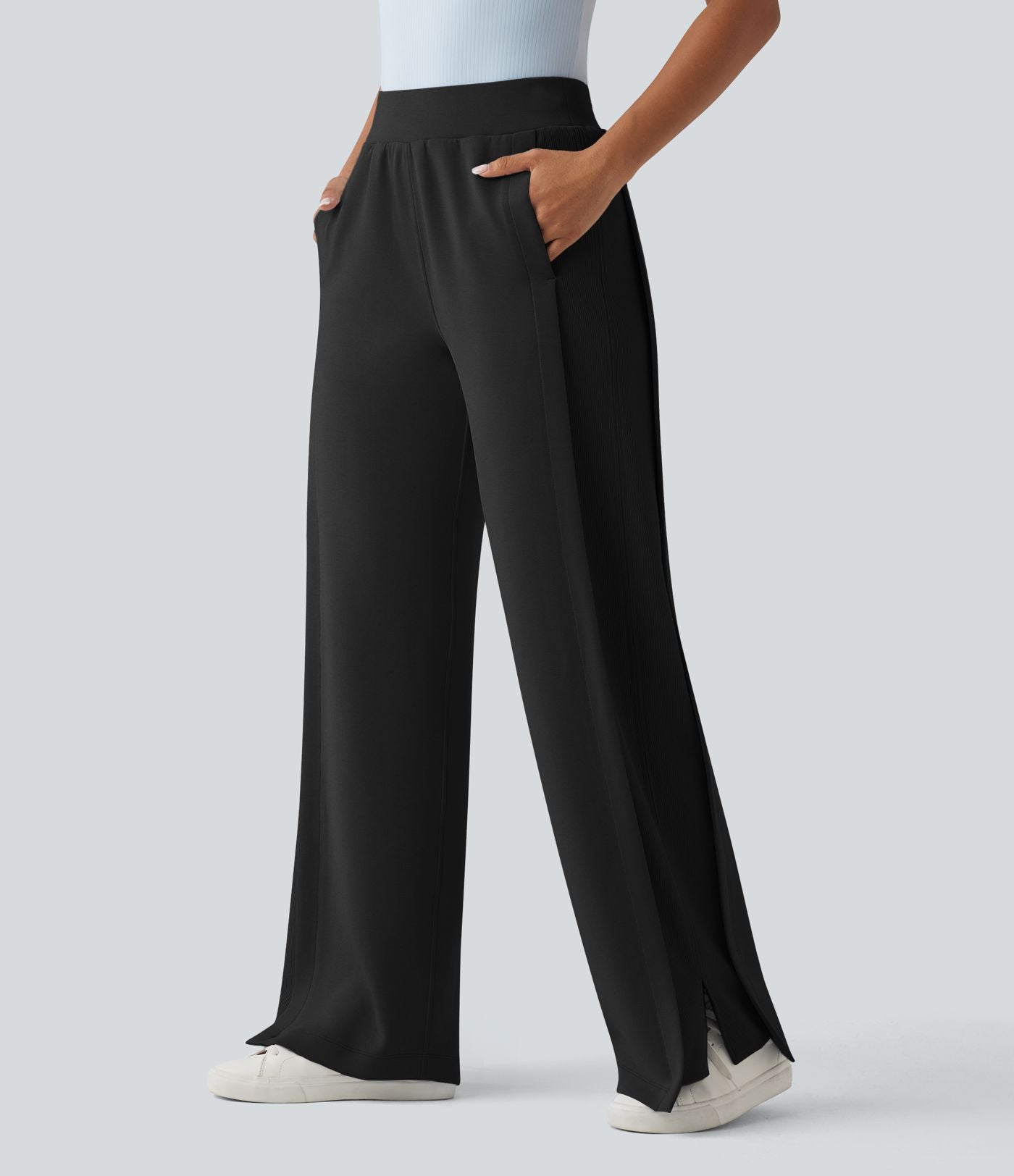 SpacerTek™ Pantalon large fluide décontracté taille haute avec cordon de serrage intérieur, côtes contrastées, fentes et poches