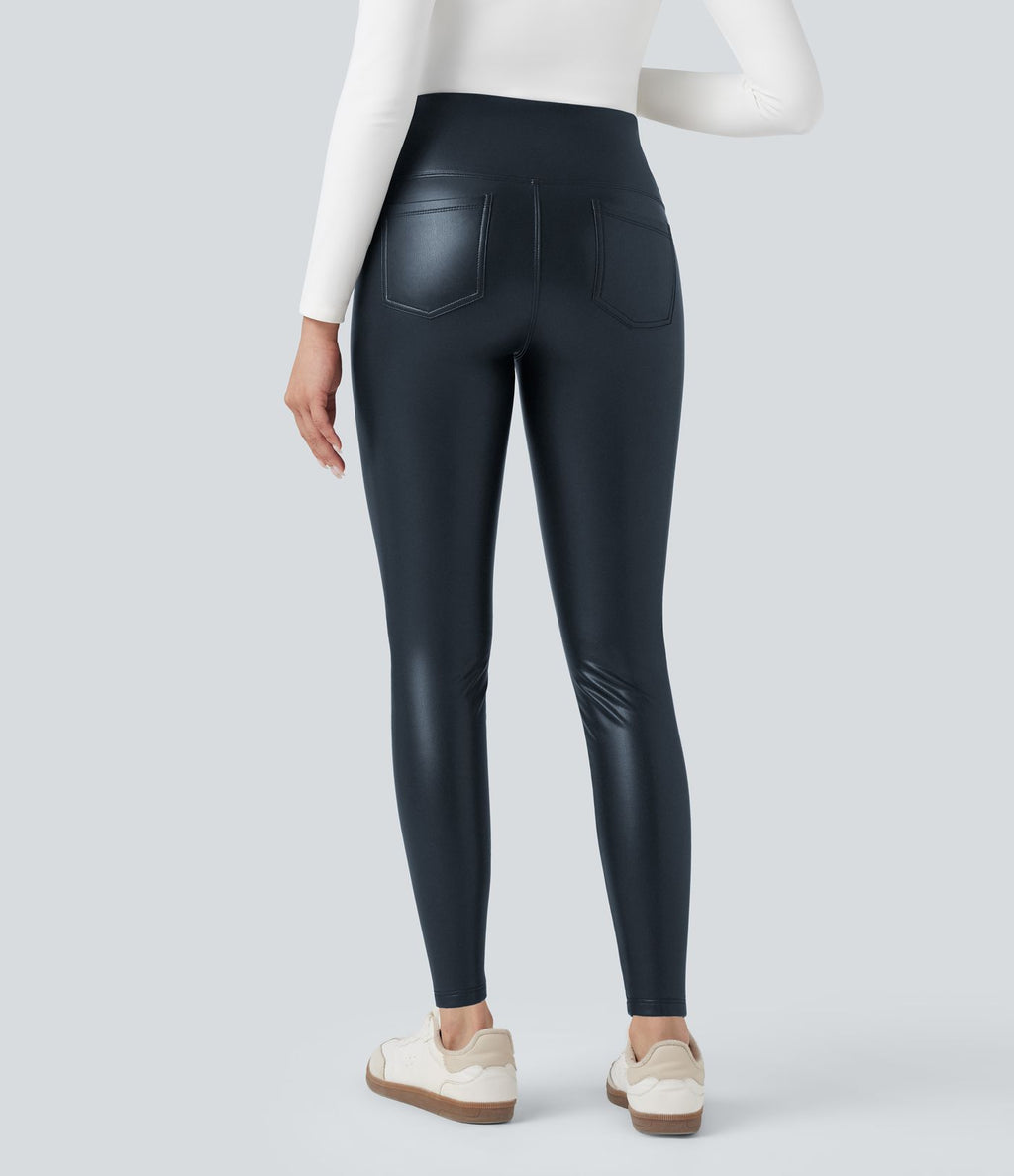 Pantalon 7/8 moulant décontracté polaire gainant taille haute extensible effet cuir avec poches