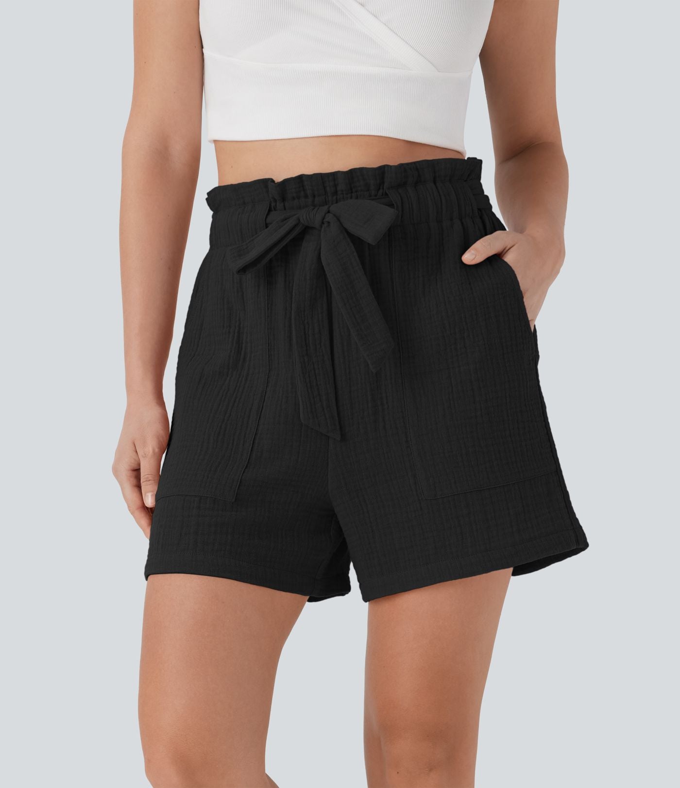 Short tailleur casual coton taille haute paper bag avec nœud devant et poches