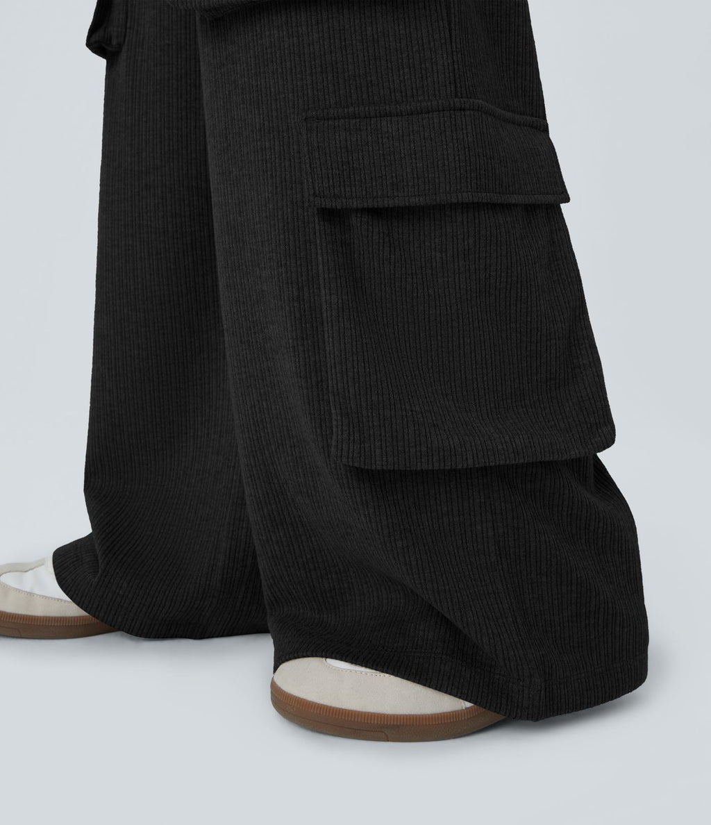 Pantalon cargo décontracté large à cordon côtelé, taille mi-haute, avec poches