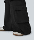Pantalon cargo décontracté large à cordon côtelé, taille mi-haute, avec poches