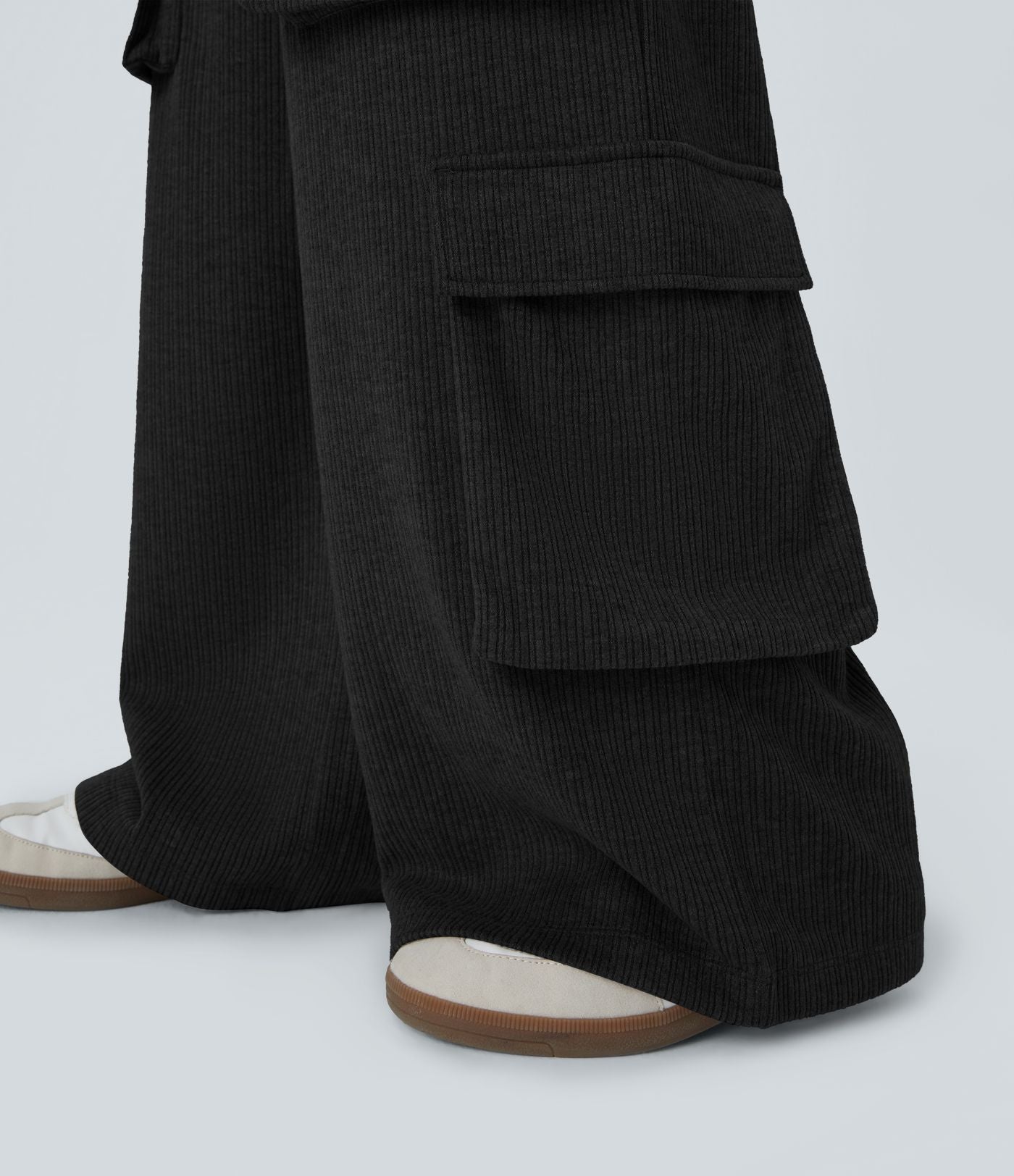 Pantalon cargo décontracté large à cordon côtelé, taille mi-haute, avec poches