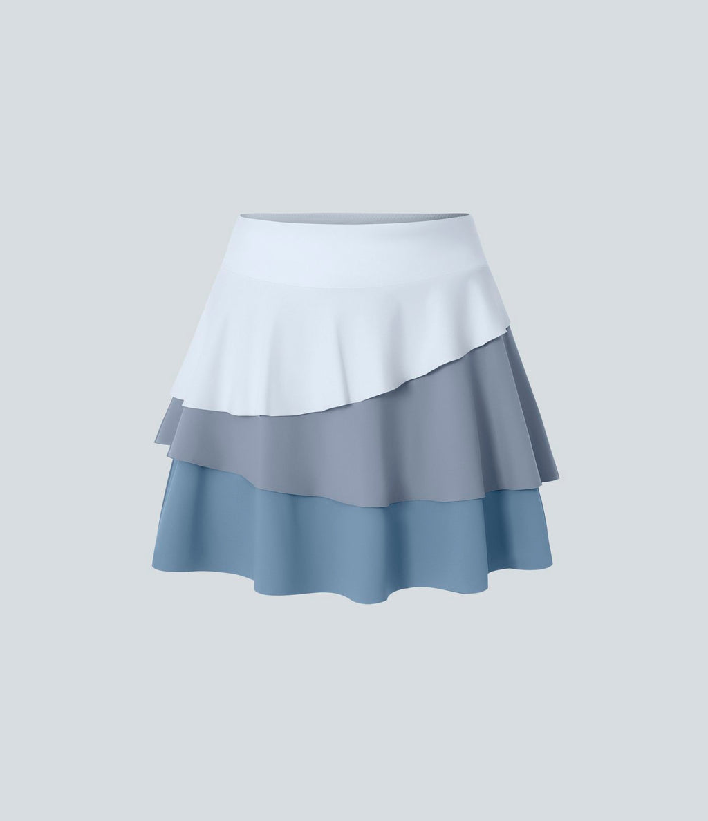 Jupe Tennis A-line Taille Haute à Poches et à 3 Couches de Volants 2 en 1